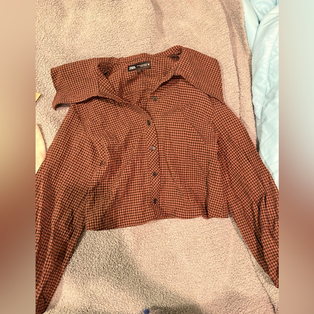 Zara Women's Brown/Orange Plaid Button Down Shirt